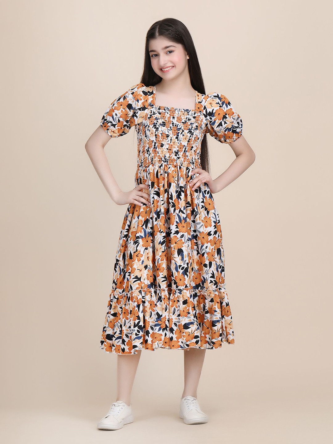 DEKLOOK Girl's Floral Printed Puff Sleeve Crepe Formal Fit & Flare Dress