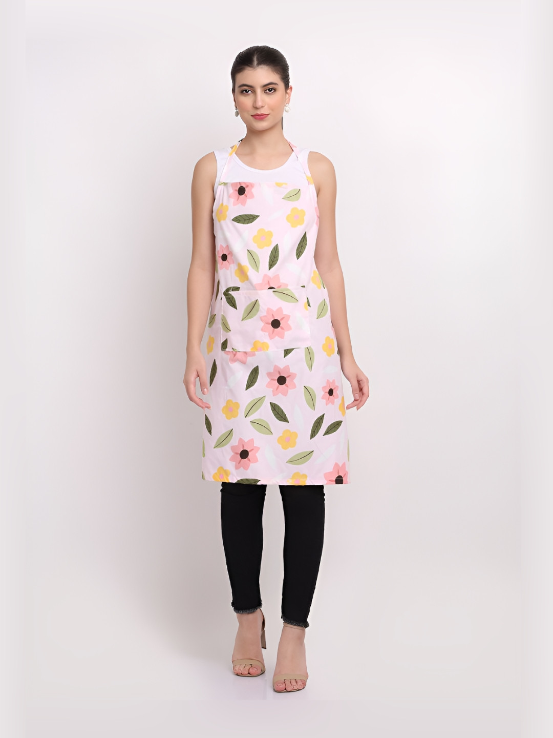 Arrabi Pink & Green Floral Printed Cotton Aprons With Pockets