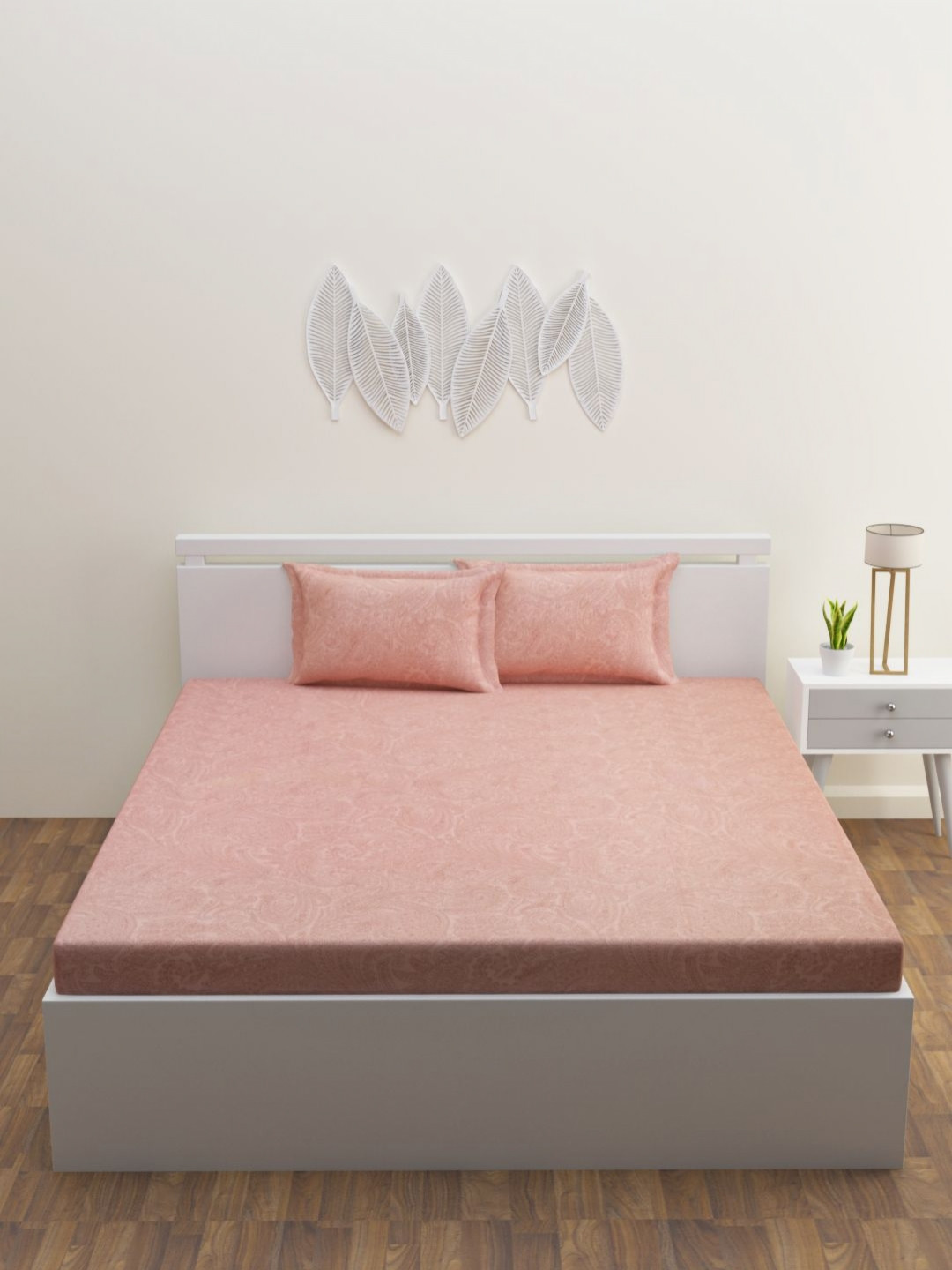 HAPPY HUES Peach Paisley Cotton 180 TC King Bedsheet with 2 Pillow Covers-274 x 274 cm