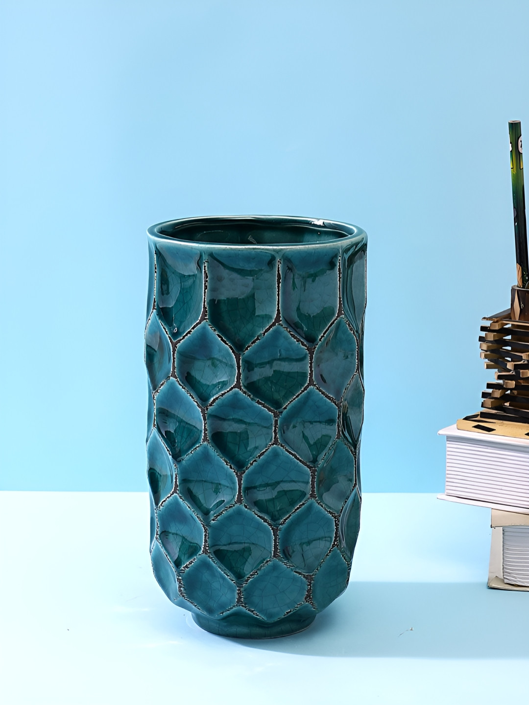 TAYHAA Green Honey Combed Cylindrical Ceramic Vase