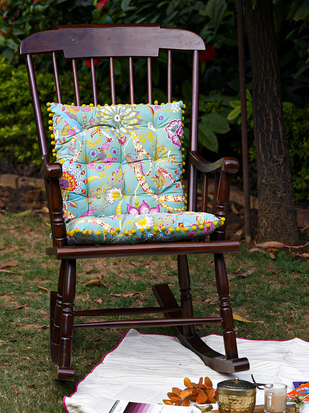 Ratan Cart Sage Green & Pink Floral Printed Cotton Square Chair Pads
