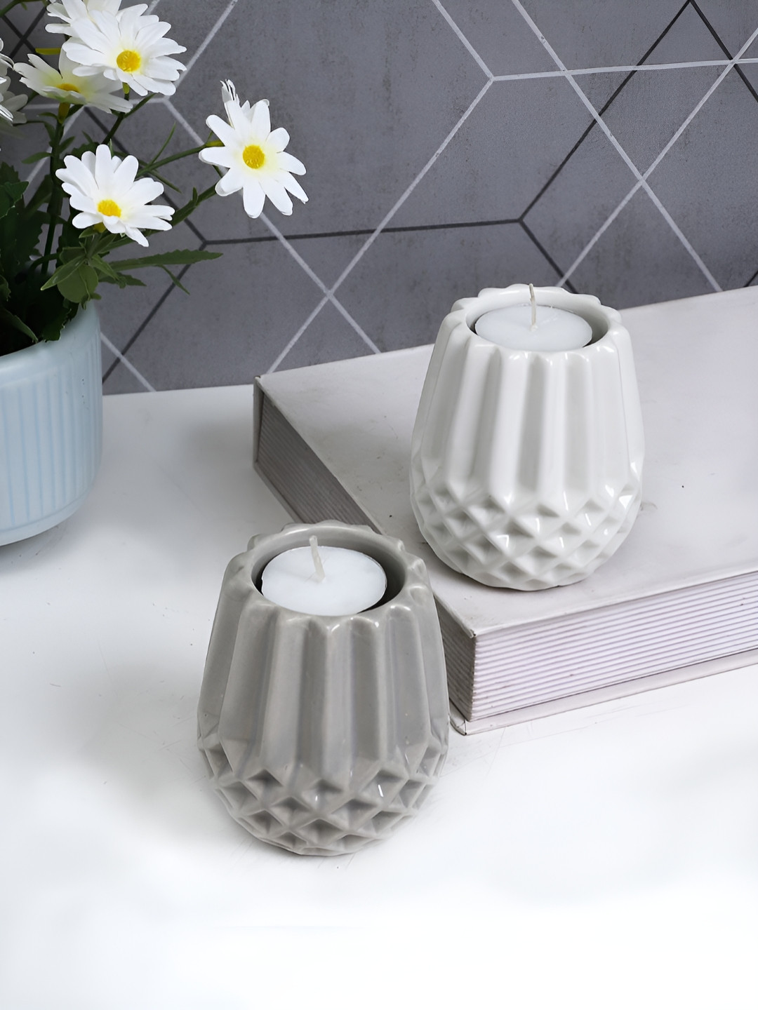 TAYHAA White & Grey 2 Pieces Engraved Candle Holder