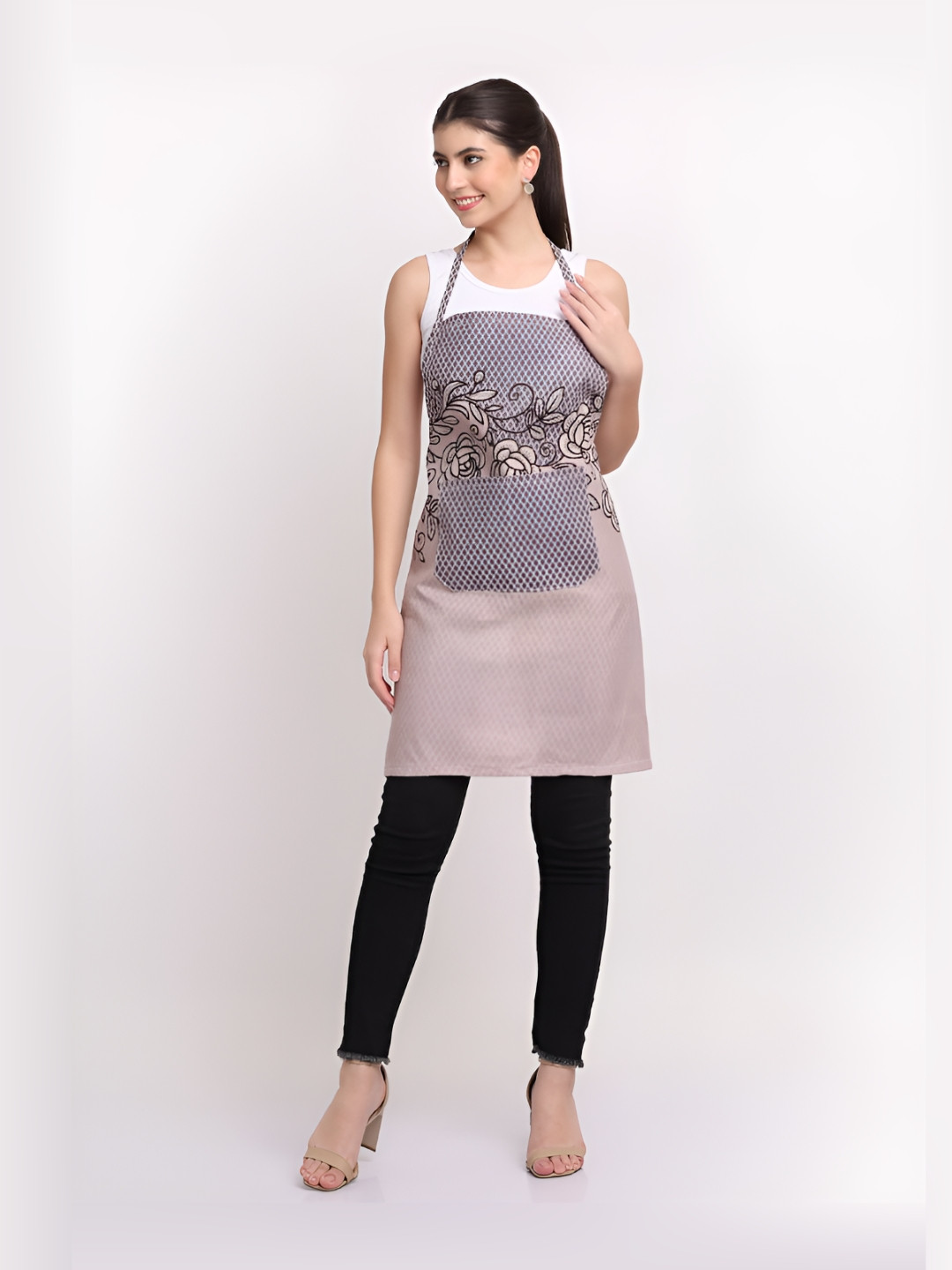 Arrabi Brown & Black Floral Printed Apron Cotton With 2 Patch Pockets