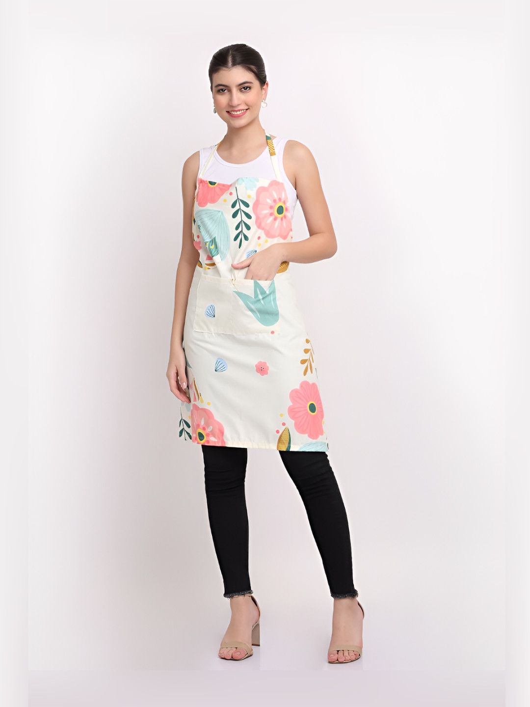 Arrabi Cream Colored & Green Floral Printed Cotton Aprons With Pockets