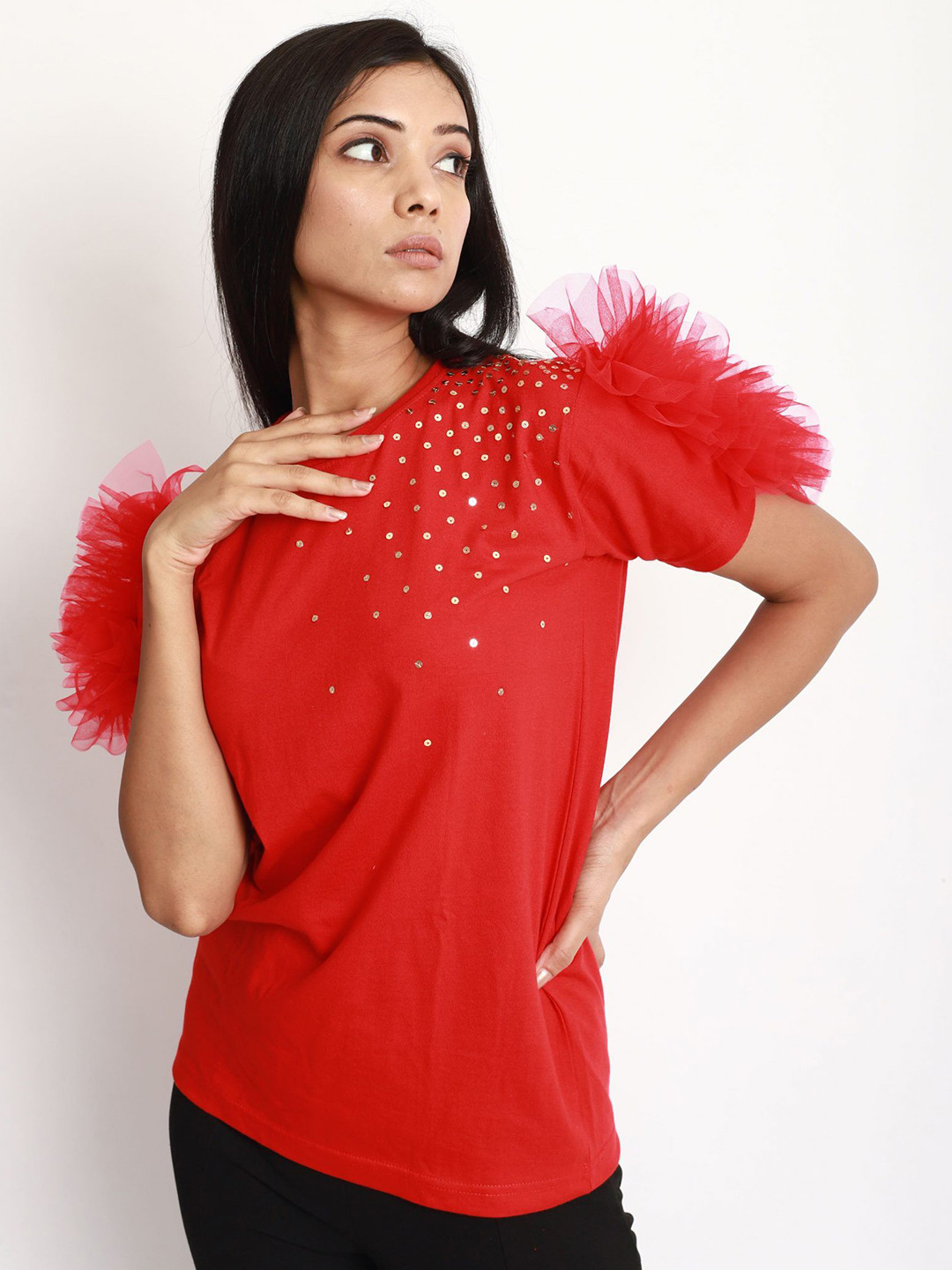 THEFIGUREOUT Embellished Ruffled Cotton Top