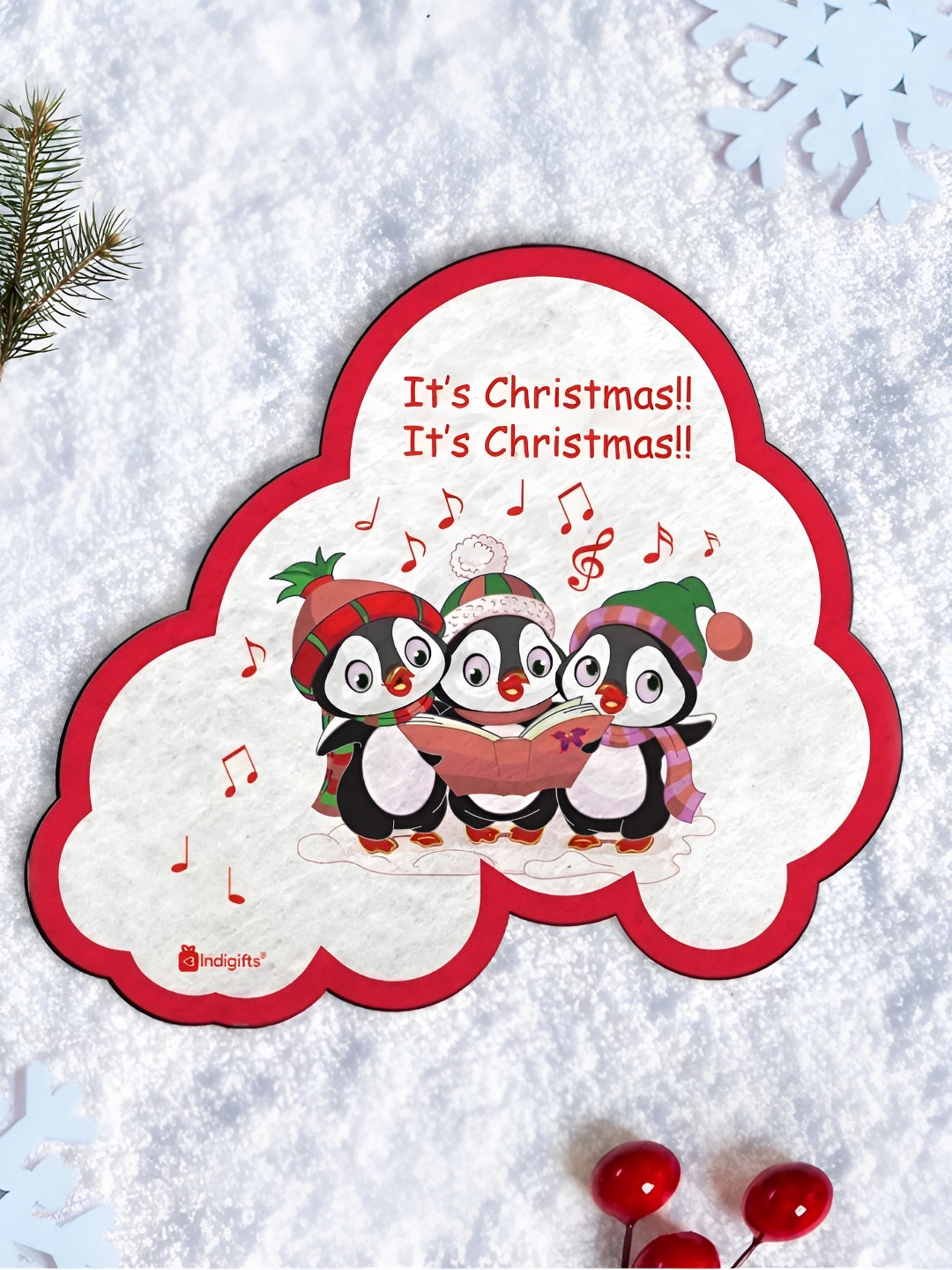 Indigifts Cream Colored & Red Christmas Penguins Printed Decorative Magnet