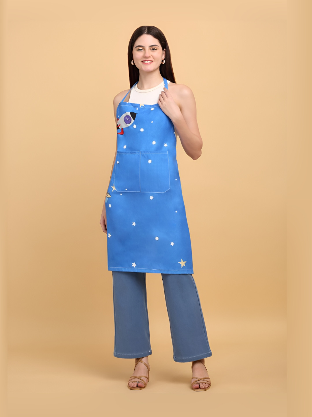 Arrabi Blue & White Abstract Printed Cotton Aprons With 2 Patch Pockets