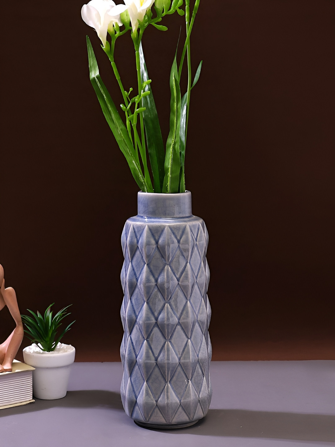 TAYHAA Blue Geometric Designed Ceramic Flower Vase