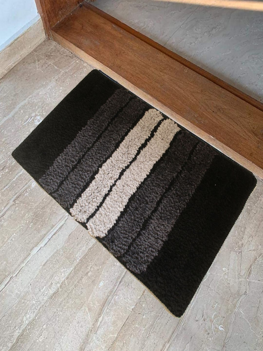RISH Black & Cream-Color Striped Microfiber Anti Skid Water Absorbent Rectangular Doormat