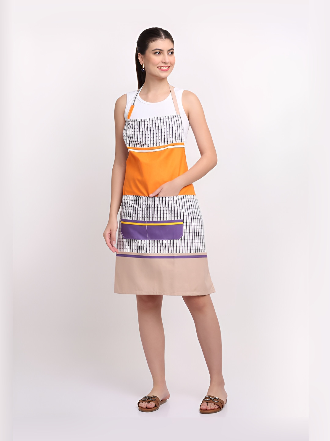 Arrabi Orange Coloured & White Geometric Printed Cotton Aprons With 2 Patch Pockets