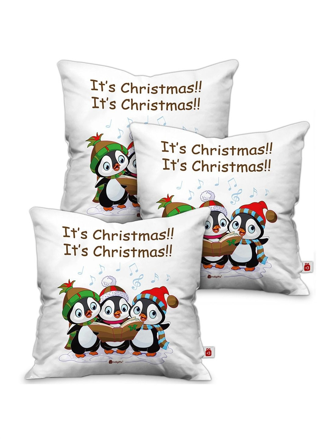 Indigifts White and Grey 3 Pieces Christmas Printed  Pre-Filled Cushion