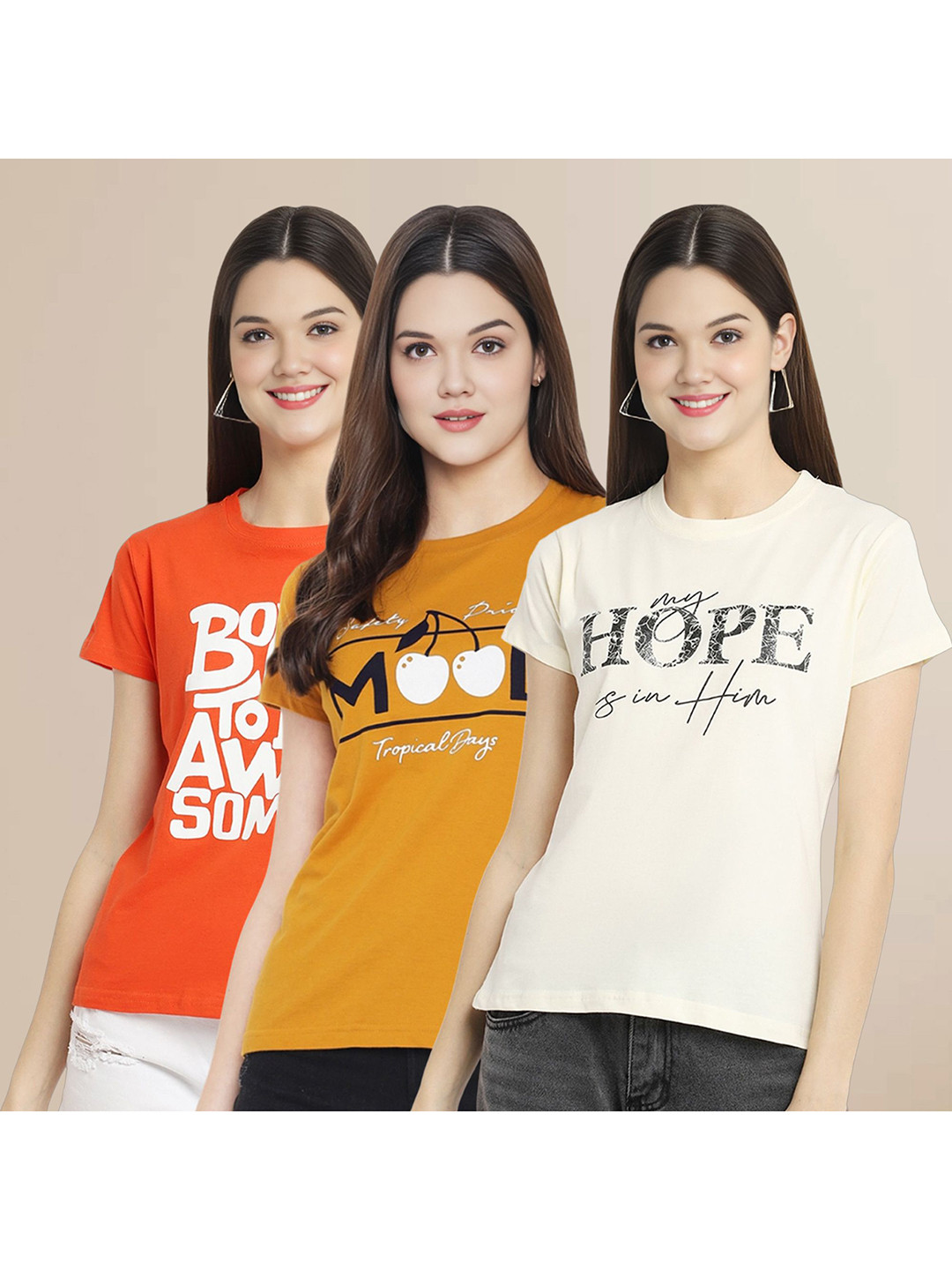 Metronaut Women Set of 3 Typography Printed Cotton T-shirts