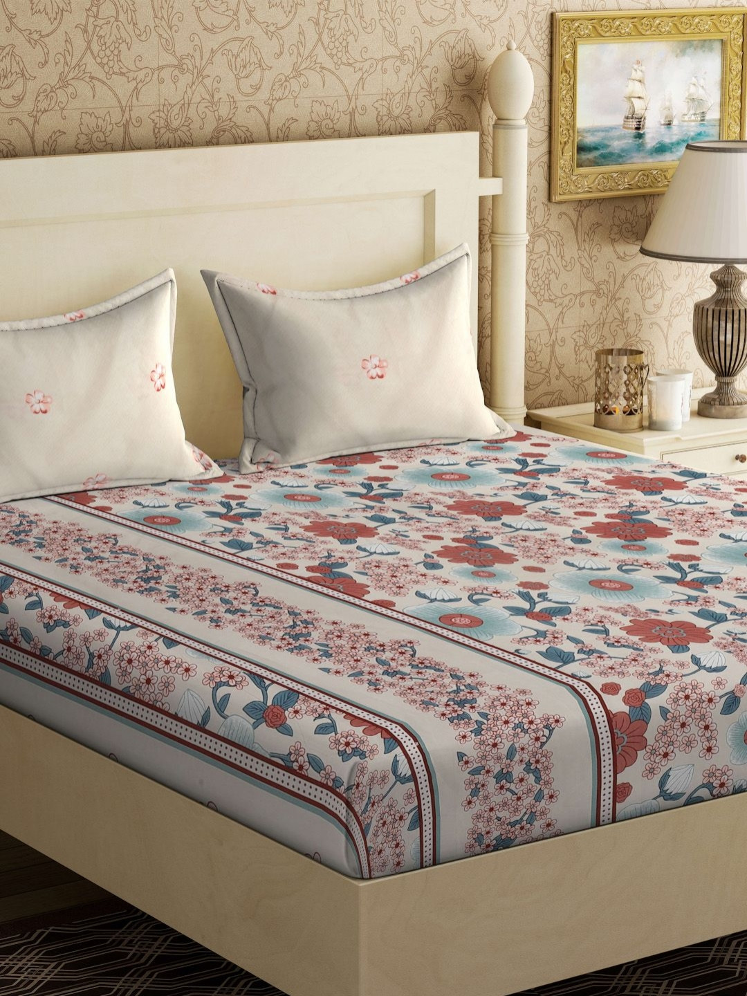 Aura Rust & Cream Floral Printed Flat 300 TC King Bedsheet With 2 Pillow Cover