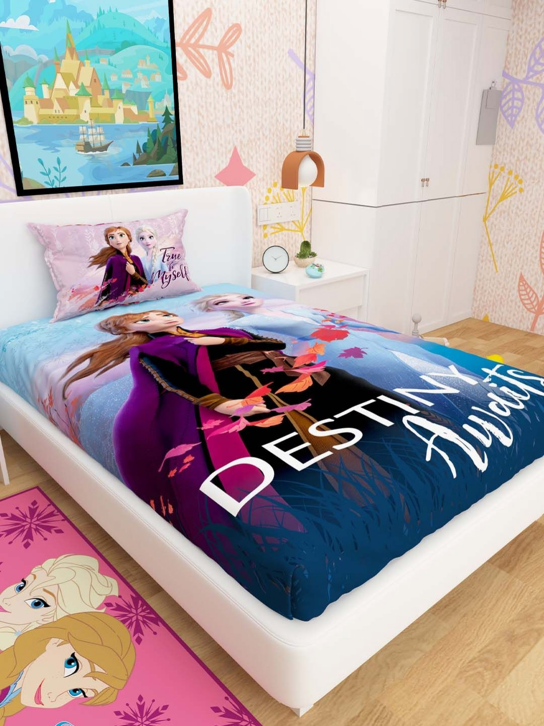 Athom Living Disney Frozen Anna And Elsa Blue Cartoon Characters Cotton 180 TC Fitted Single Superfine Bedsheet with a Pillow Cover-58 x 88 inches