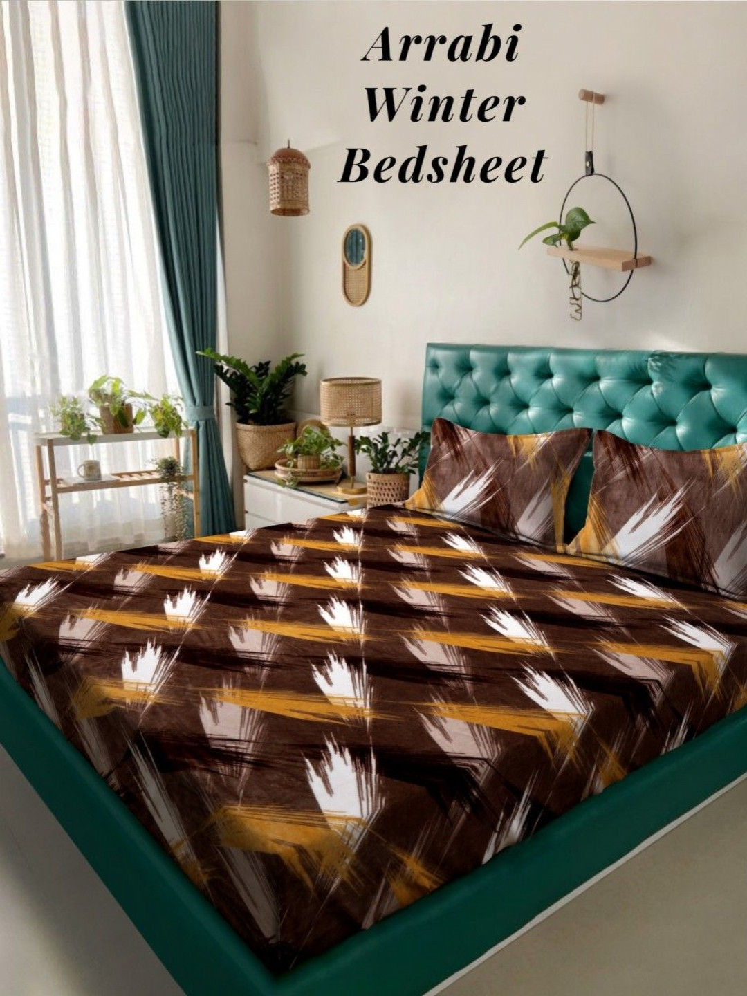 Arrabi Brown Abstract Polycotton 210 TC King Bedsheet with 2 Pillow Covers-235 x 215 cm