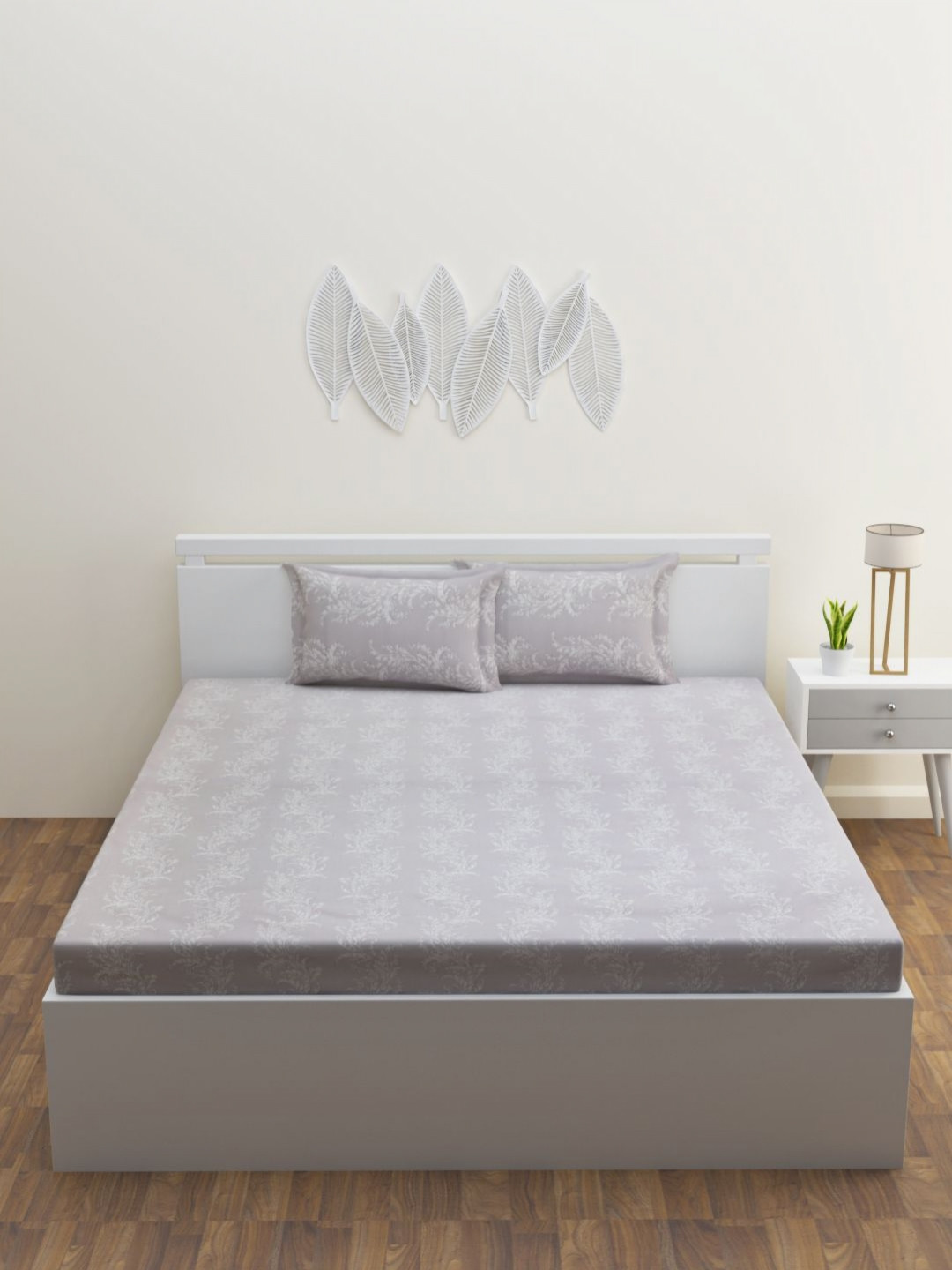 HAPPY HUES Artisan Collection Grey Leaf Cotton 180 TC King Fine Bedsheet with 2 Pillow Covers-108 x 108 inches