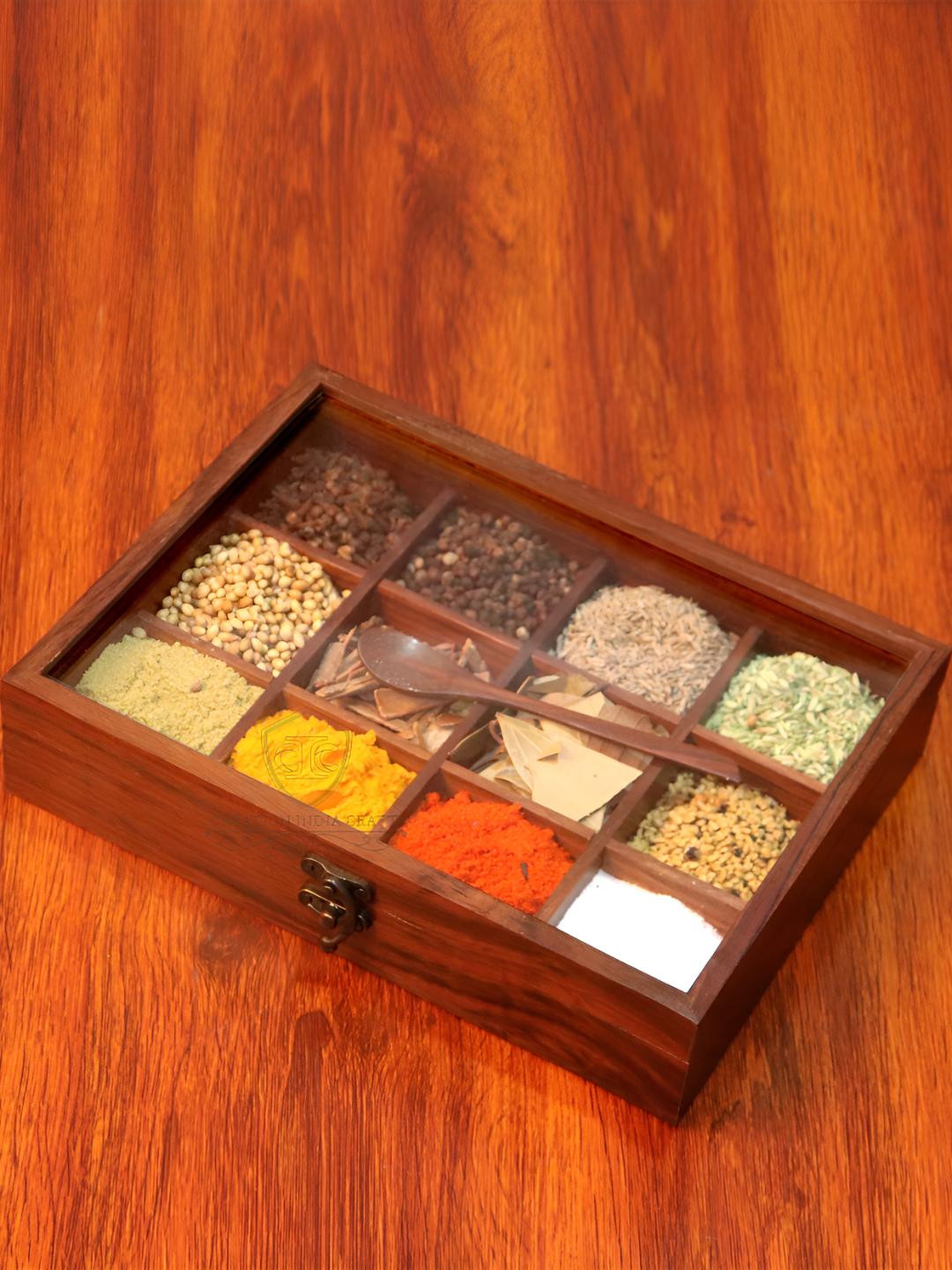 Creation India Craft Brown 12 Partitions Wooden Easy to Clean Spice Box