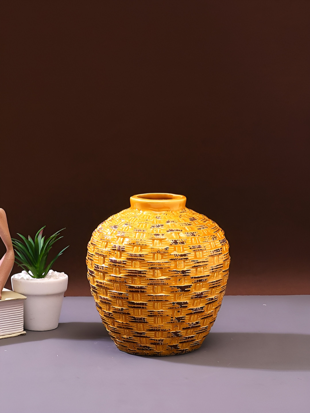 TAYHAA Yellow Corrugated Pear shaped Ceramic Vase