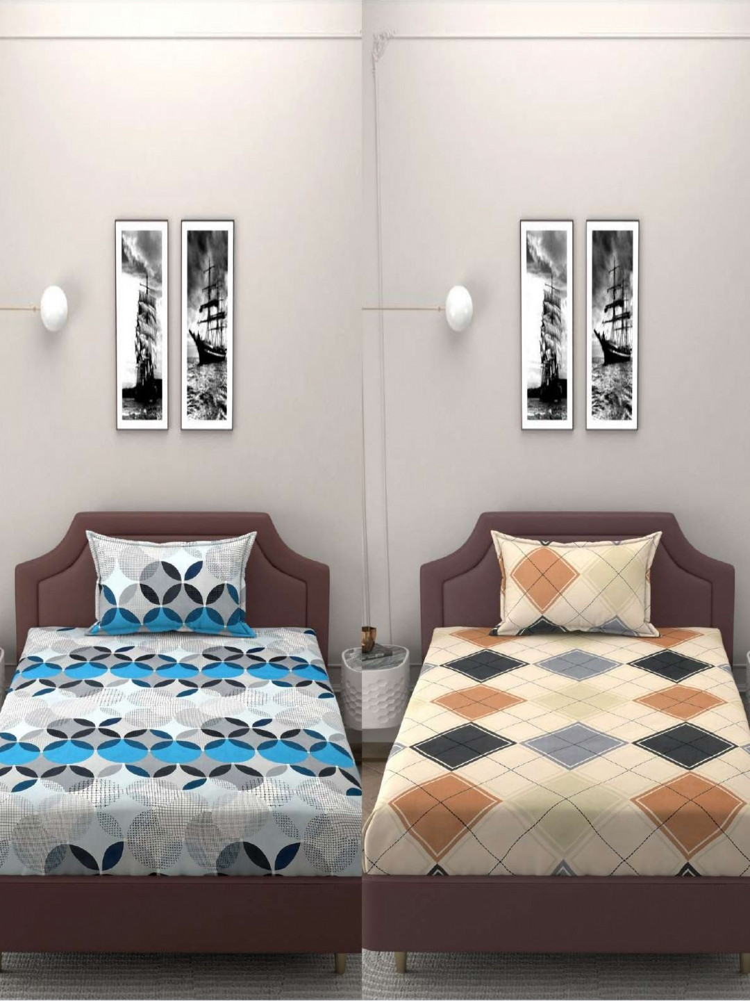 Bromwick Blue Geometric Microfiber 250 TC Single Superfine 2 Bedsheet with 2 Pillow Covers-90 x 60 inches