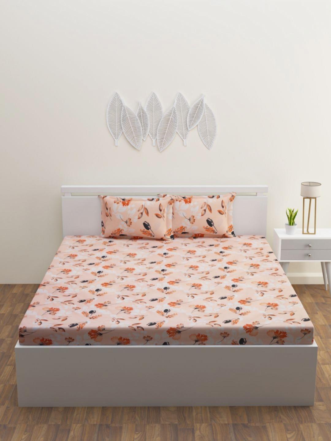 HAPPY HUES Peach Floral Cotton 180 TC King Fine Bedsheet with 2 Pillow Covers-108 x 108 inches