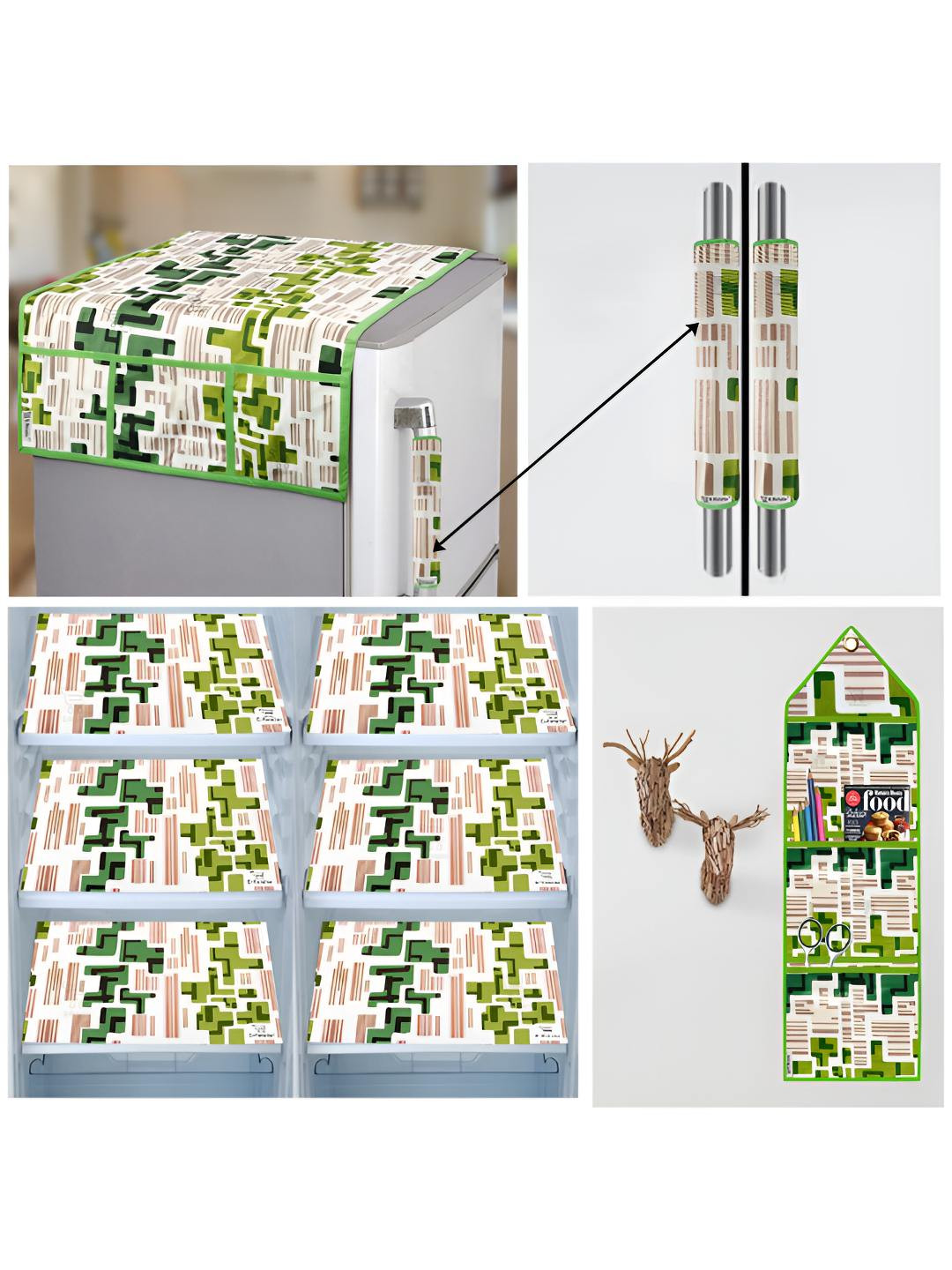 E-Retailer White & Green 10 Pieces Printed Refrigerator Covers With Storage Organiser