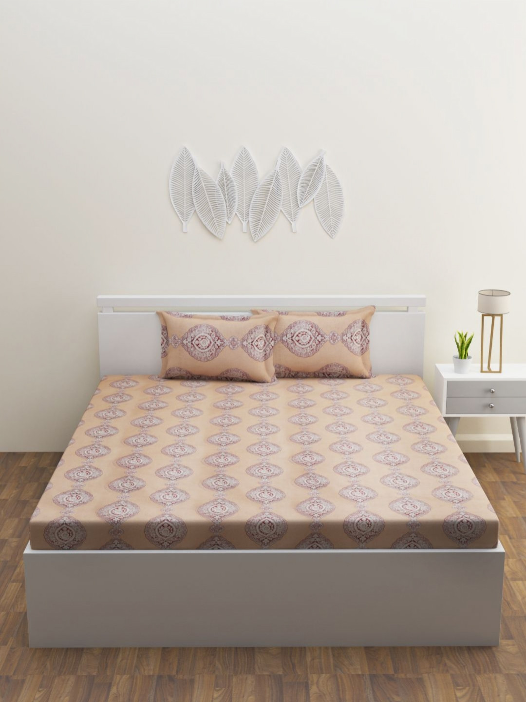 HAPPY HUES Artisan Collection Peach Ethnic Motifs Cotton 180 TC King Fine Bedsheet with 2 Pillow Covers-108 x 108 inches