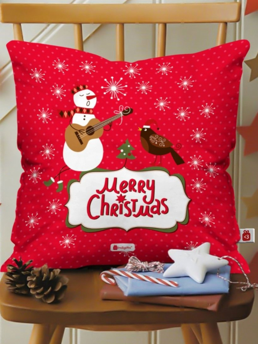 Indigifts Red & White Snowman Merry Christmas Cushion With Filler