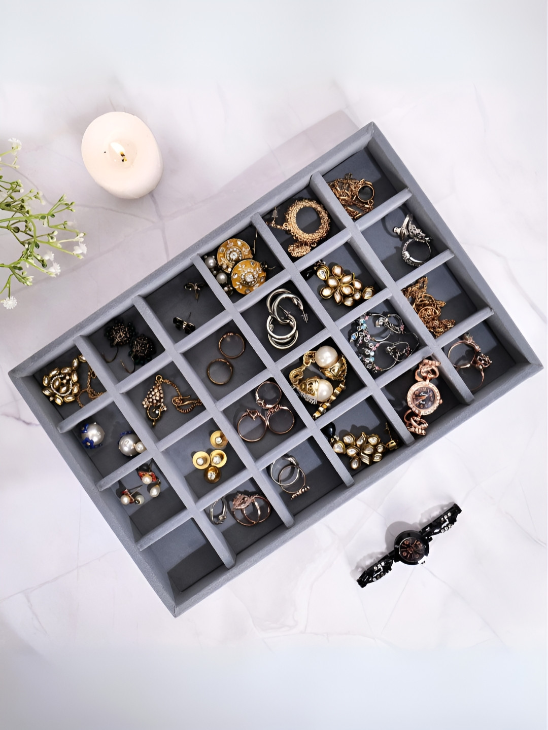 La Trove 24 Grid Grey Big Jewellery Velvet Organizer Tray