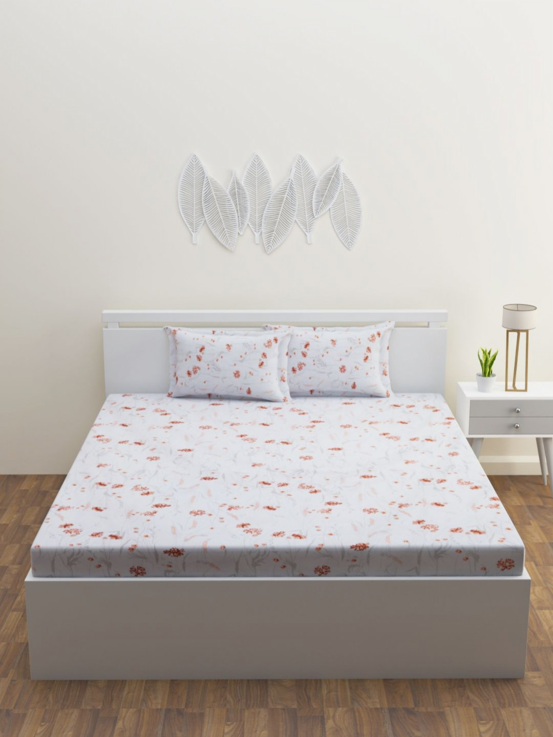 HAPPY HUES Tussah Collection Maroon Floral Cotton 180 TC King Bedsheet with 2 Pillow Covers-108 x 108 inches