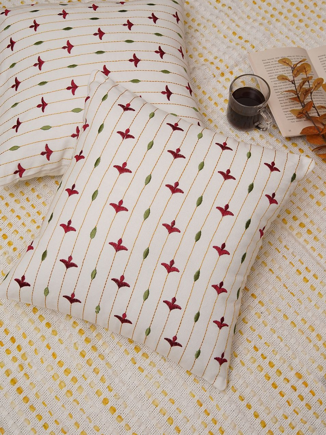 Ratan Cart Duck White Embroidered Cotton Washable 2 Pcs Square Cushion Covers - 16 x 16 In