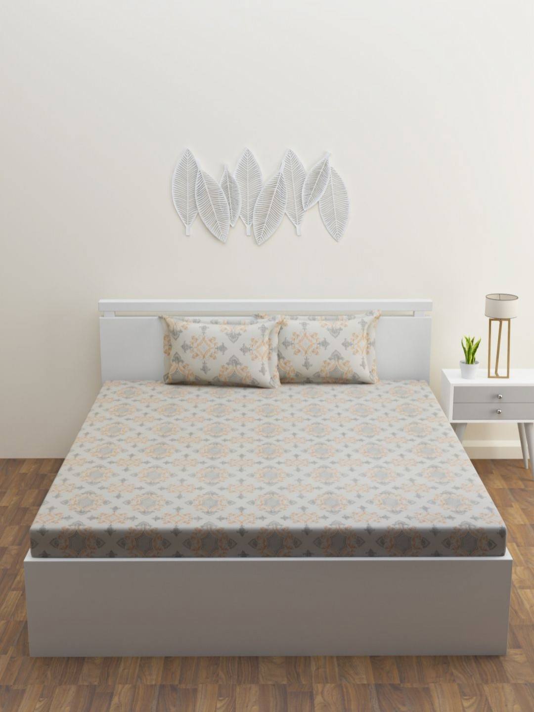 HAPPY HUES Era Collection Grey Ethnic Motifs Cotton 180 TC King Fine Bedsheet with 2 Pillow Covers-108 x 108 inches