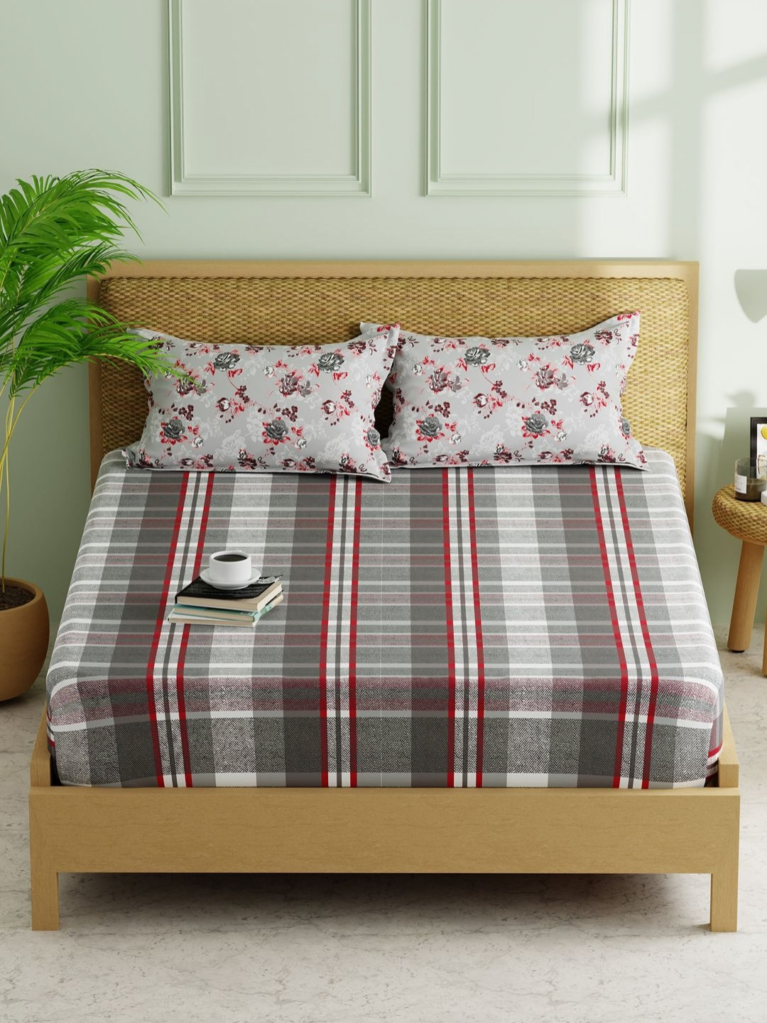 KOPA Red Checked Microfiber Skin-Friendly 152 TC Fitted Queen Bedsheet with 2 Pillow Covers-78 x 71 inches