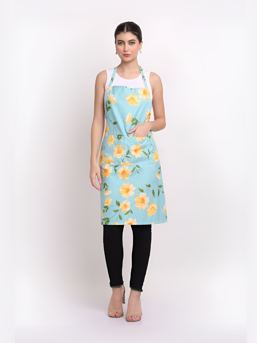Arrabi Sky Blue & Yellow Floral Printed Cotton Aprons With Pockets