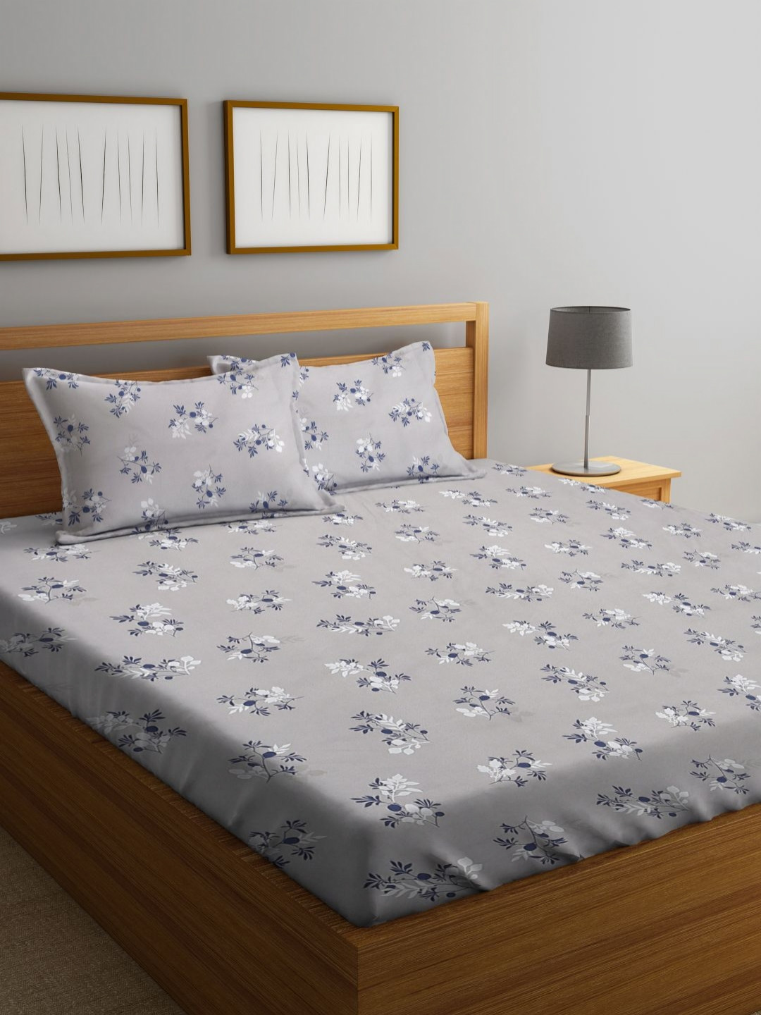 Aura Grey & Blue Floral Printed Flat 300TC King Bedsheet With 2 Pillow Cover