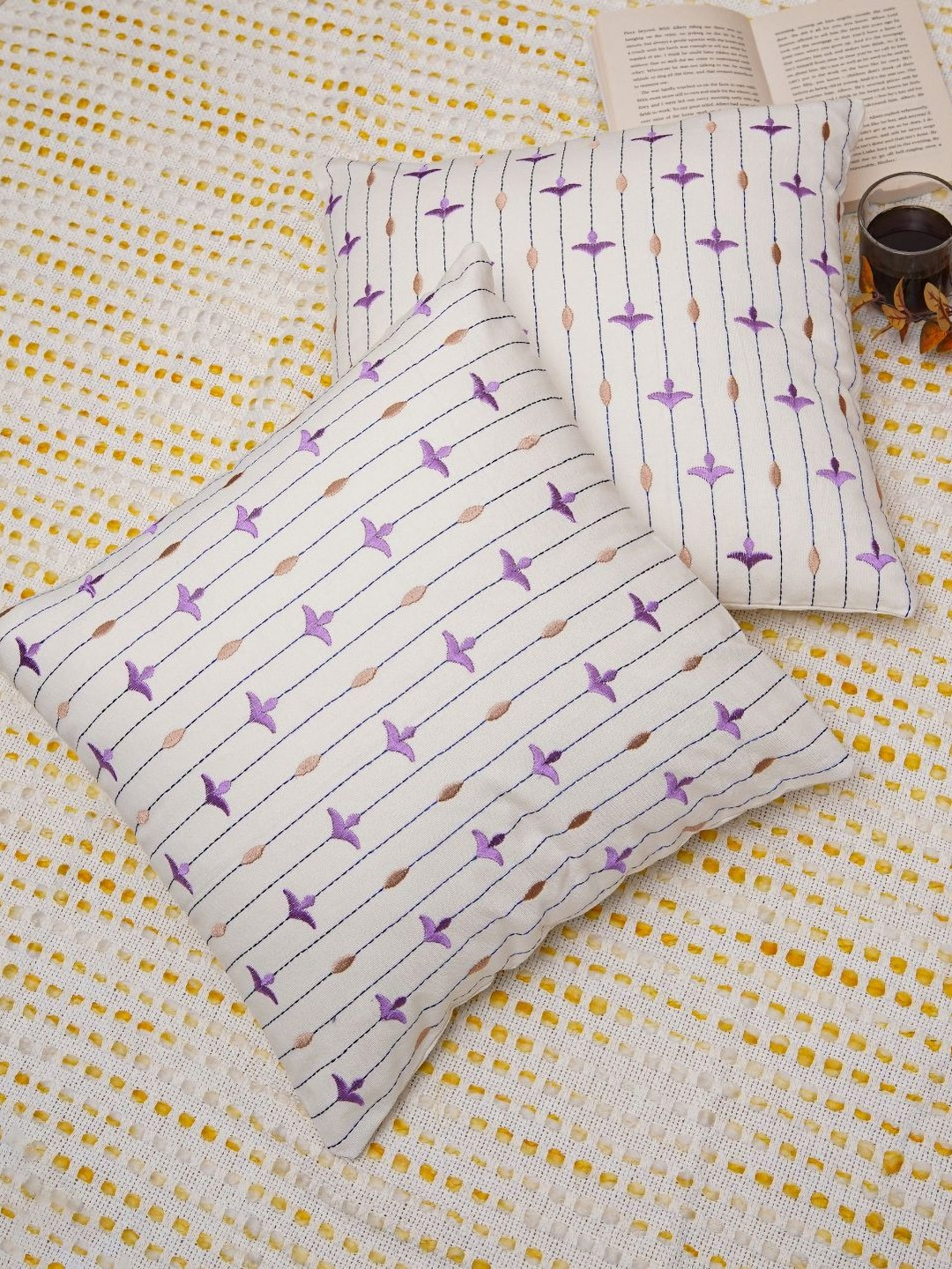 Ratan Cart Duck Purple Embroidered Cotton Breathable 2 Pcs Cushion Covers - 16 x 16 Inches