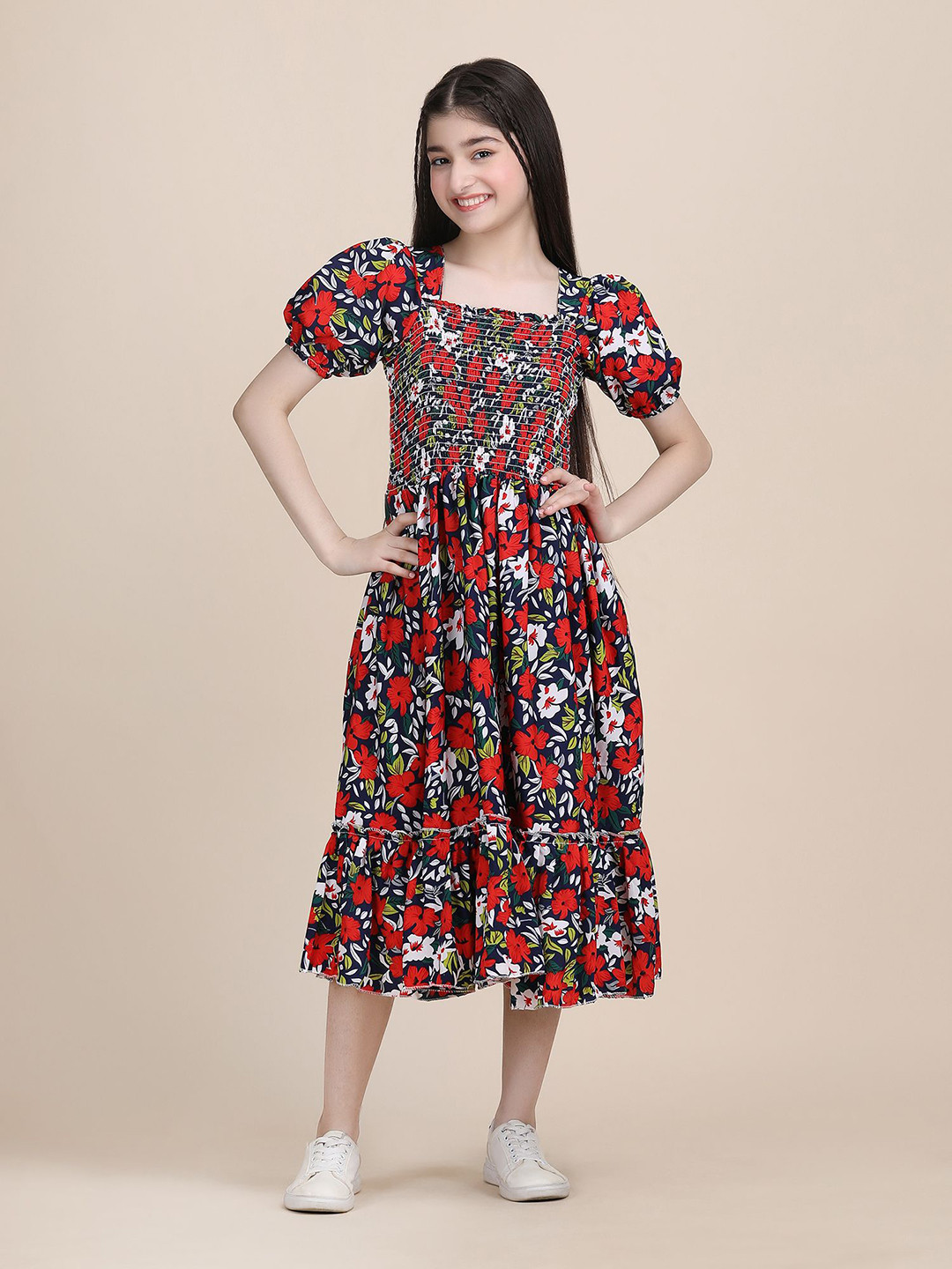 DEKLOOK Girls Short Puff Sleeve Casual Fit & Flare Dress