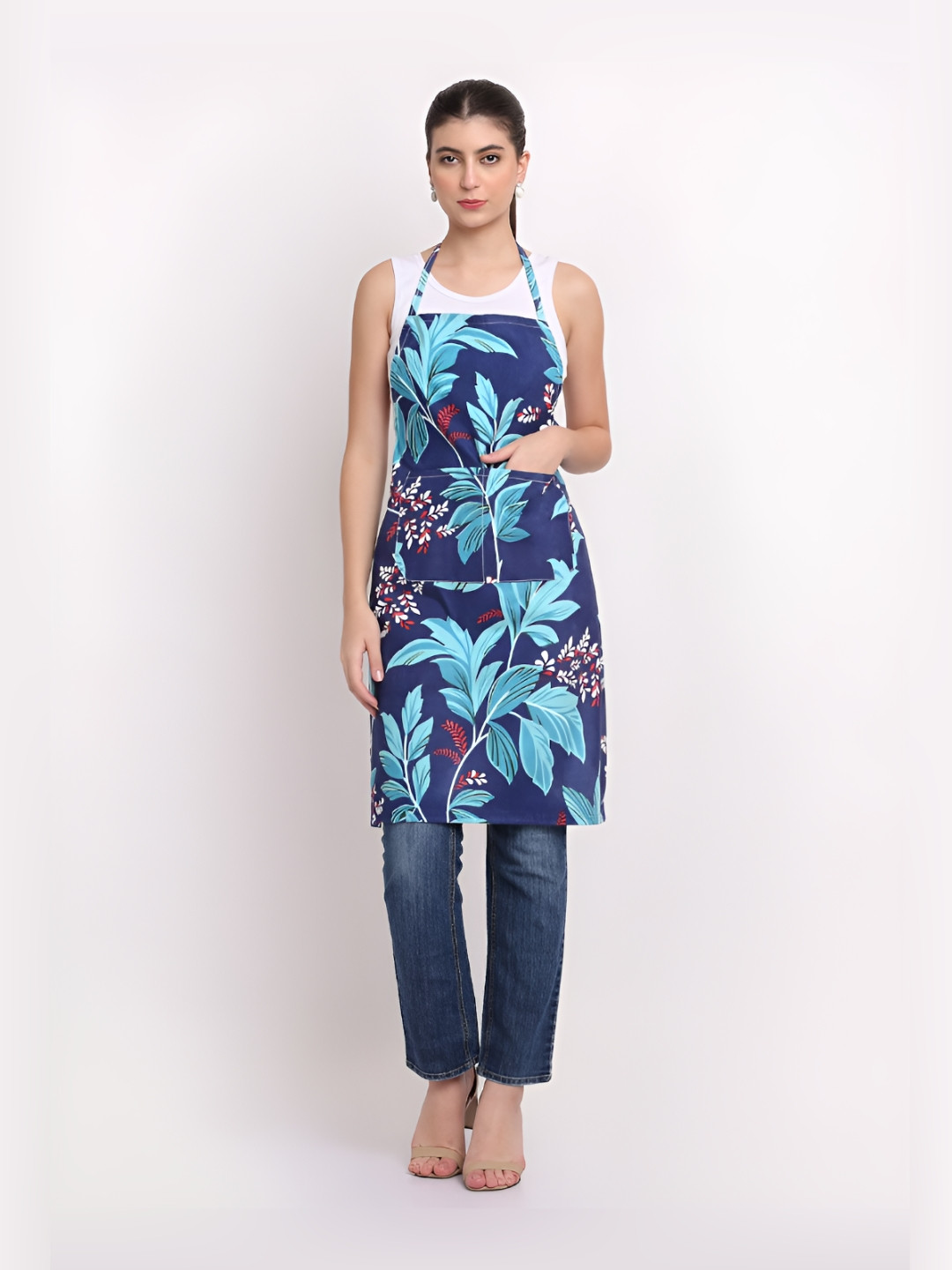 Arrabi Navy Blue & Blue Leaf Printed Cotton Aprons With Pockets