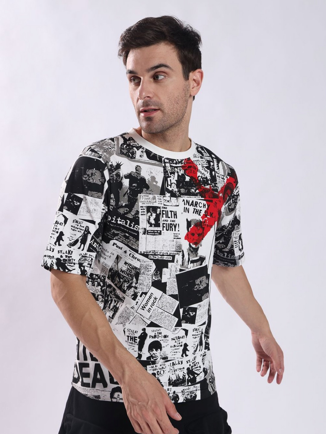 PUNK Men Newspaper Graphic Printed T-shirt