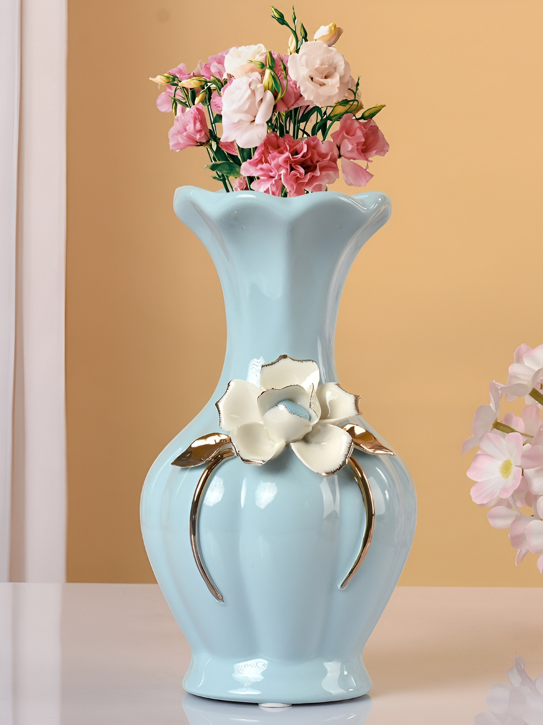 TAYHAA Blue & White Printed Ceramic Vase with Flower Design