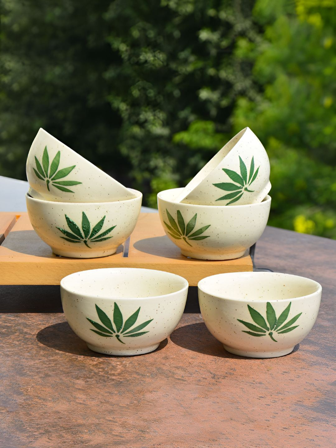 StyleMyWay 6 Pcs Hand Painted Off White and Green Bowls for Dinner & Dessert