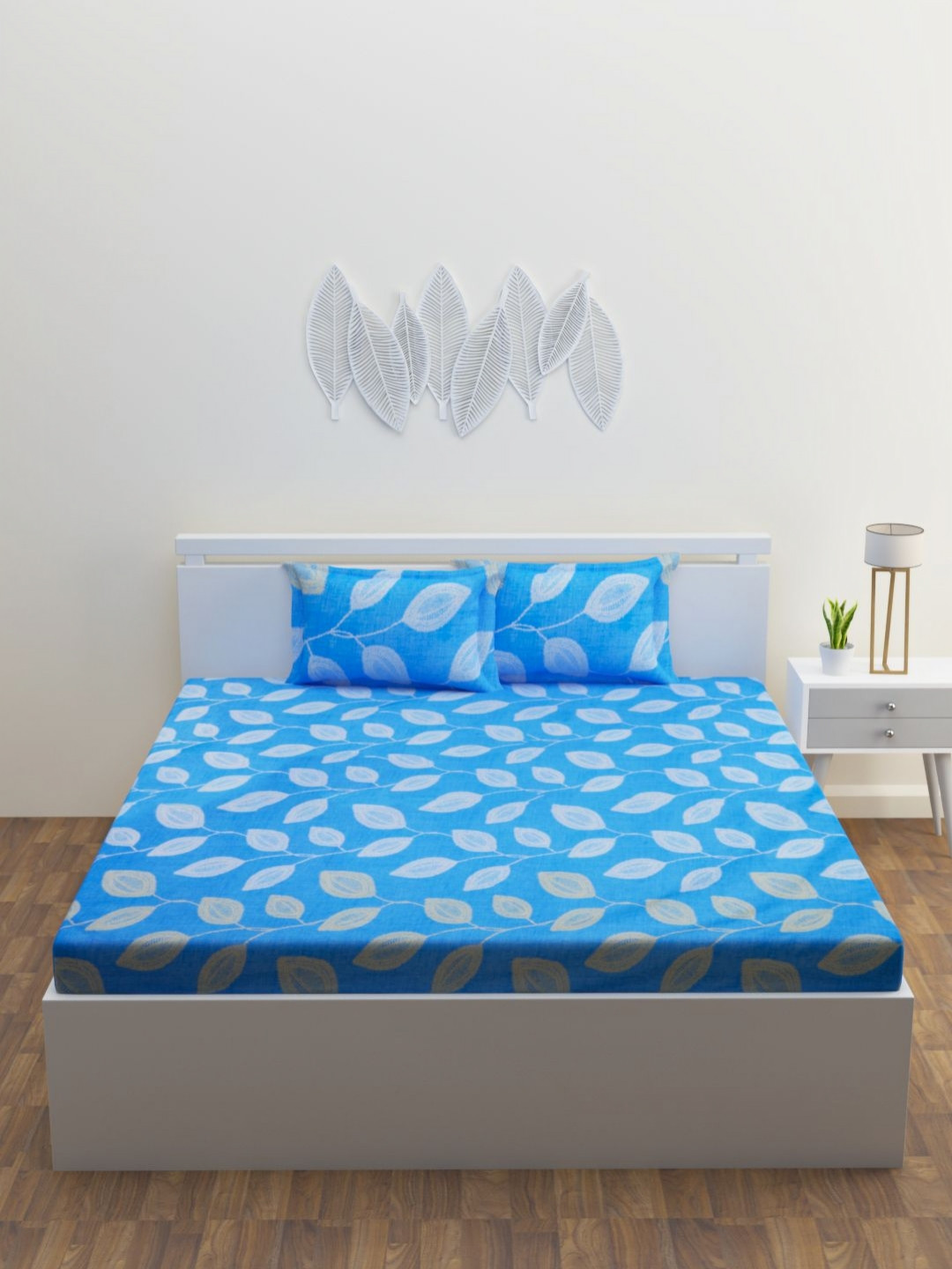HAPPY HUES Blue Leaf Cotton 180 TC King Fine Bedsheet with 2 Pillow Covers-108 x 108 inches