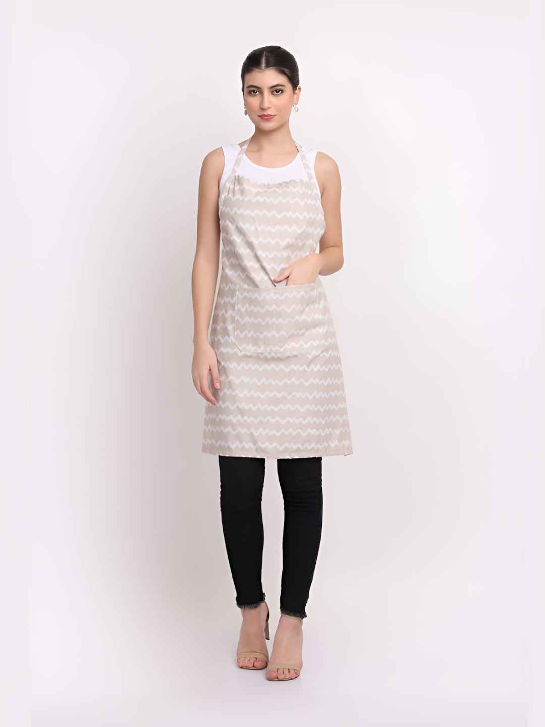 Arrabi Beige & White Striped Aprons Cotton With 2 Patch Pockets