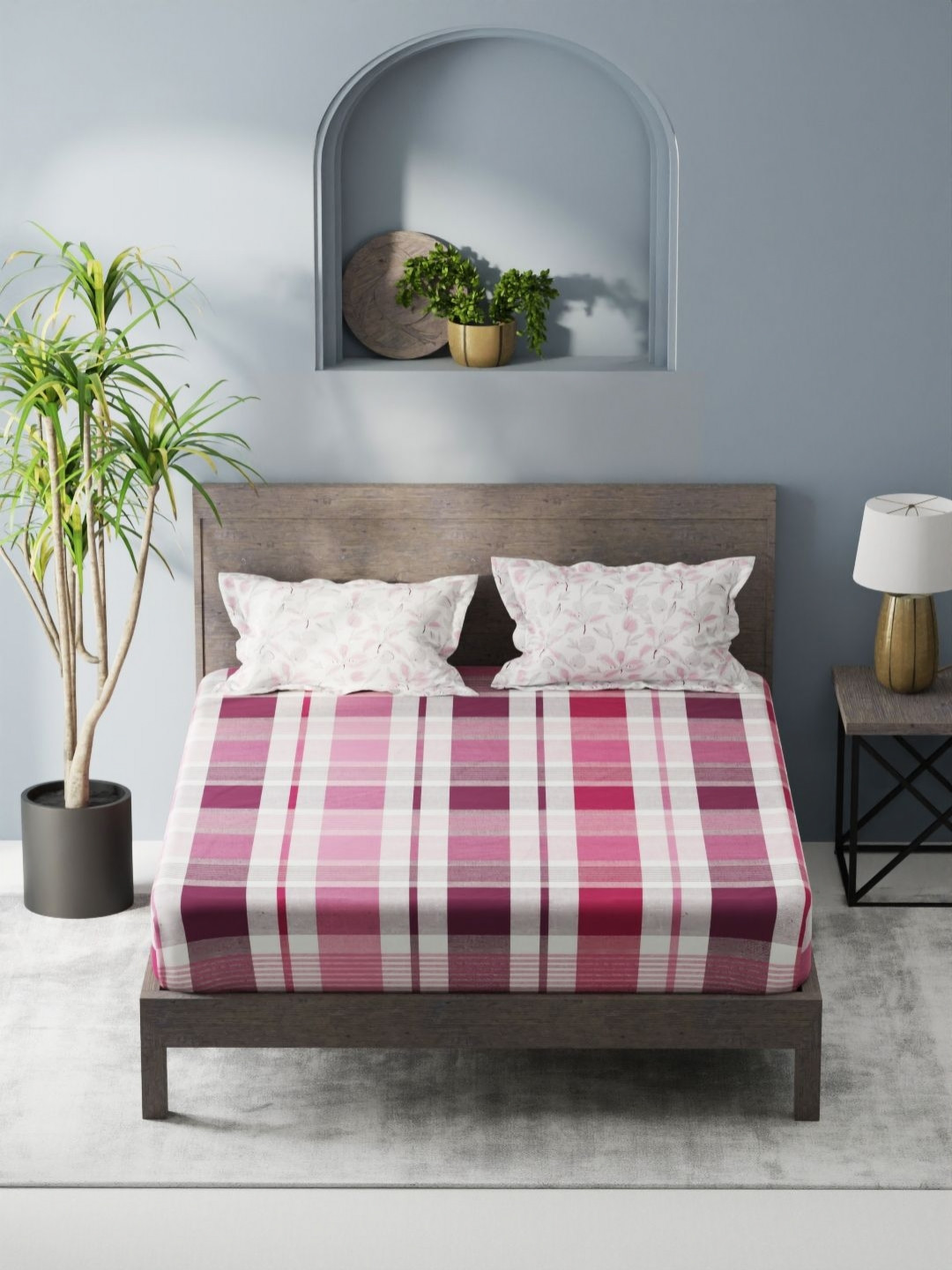 KOPA Pink Checked Microfiber 200 TC King Fine Bedsheet with 2 Pillow Covers-100 x 91 inches