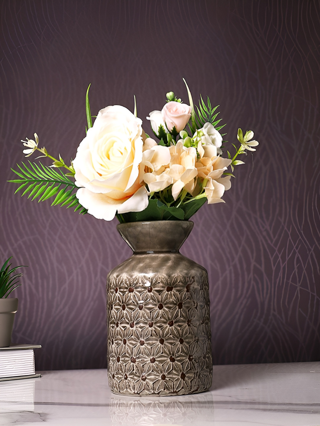 TAYHAA Brown & Black Printed Flower Embossed Ceramic Flower Vase