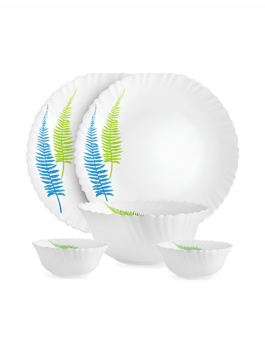 Cello Dazzle Series White 5 Pieces Printed Fern Microwave Safe Opalware Dinner Set of