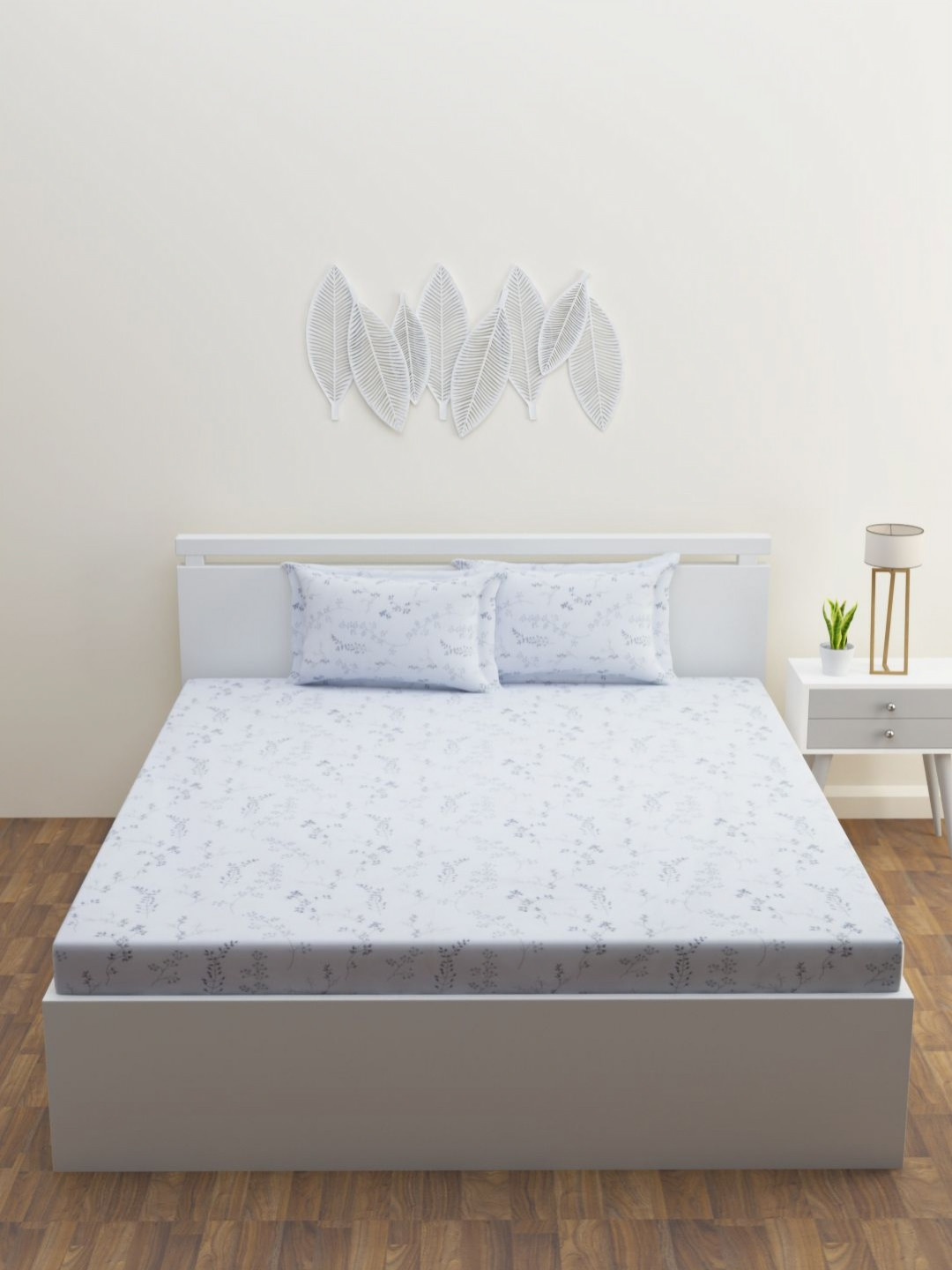 HAPPY HUES Tussah Collection White Floral Cotton 180 TC King Fine Bedsheet with 2 Pillow Covers-108 x 108 inches