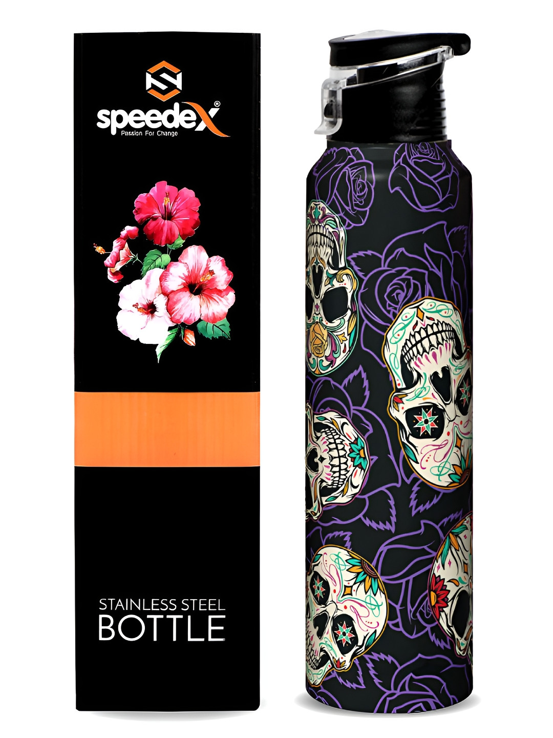 Speedex Black Floral Printed Stainless Steel Single Wall Vacuum Water Bottle 1L