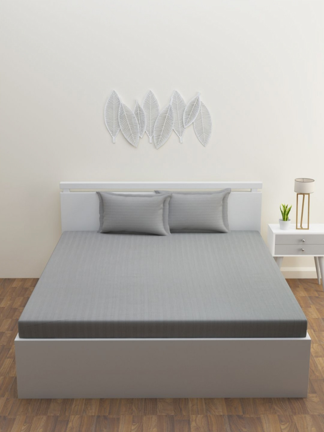 HAPPY HUES Tinsil Collection Grey Striped Cotton 180 TC King Fine Bedsheet with 2 Pillow Covers-108 x 108 inches