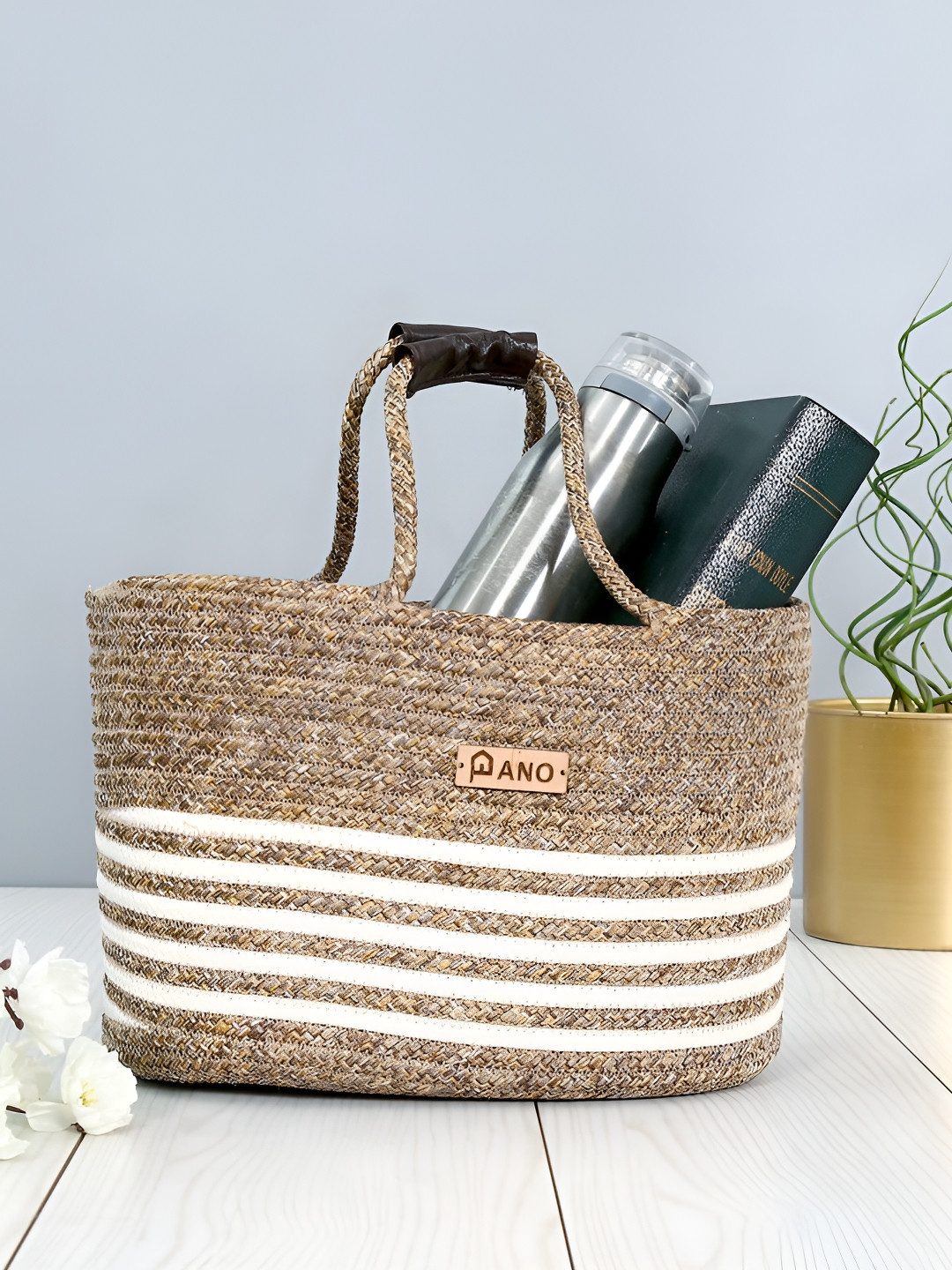 Pano Beige and White Storage Basket Handbag Organiser