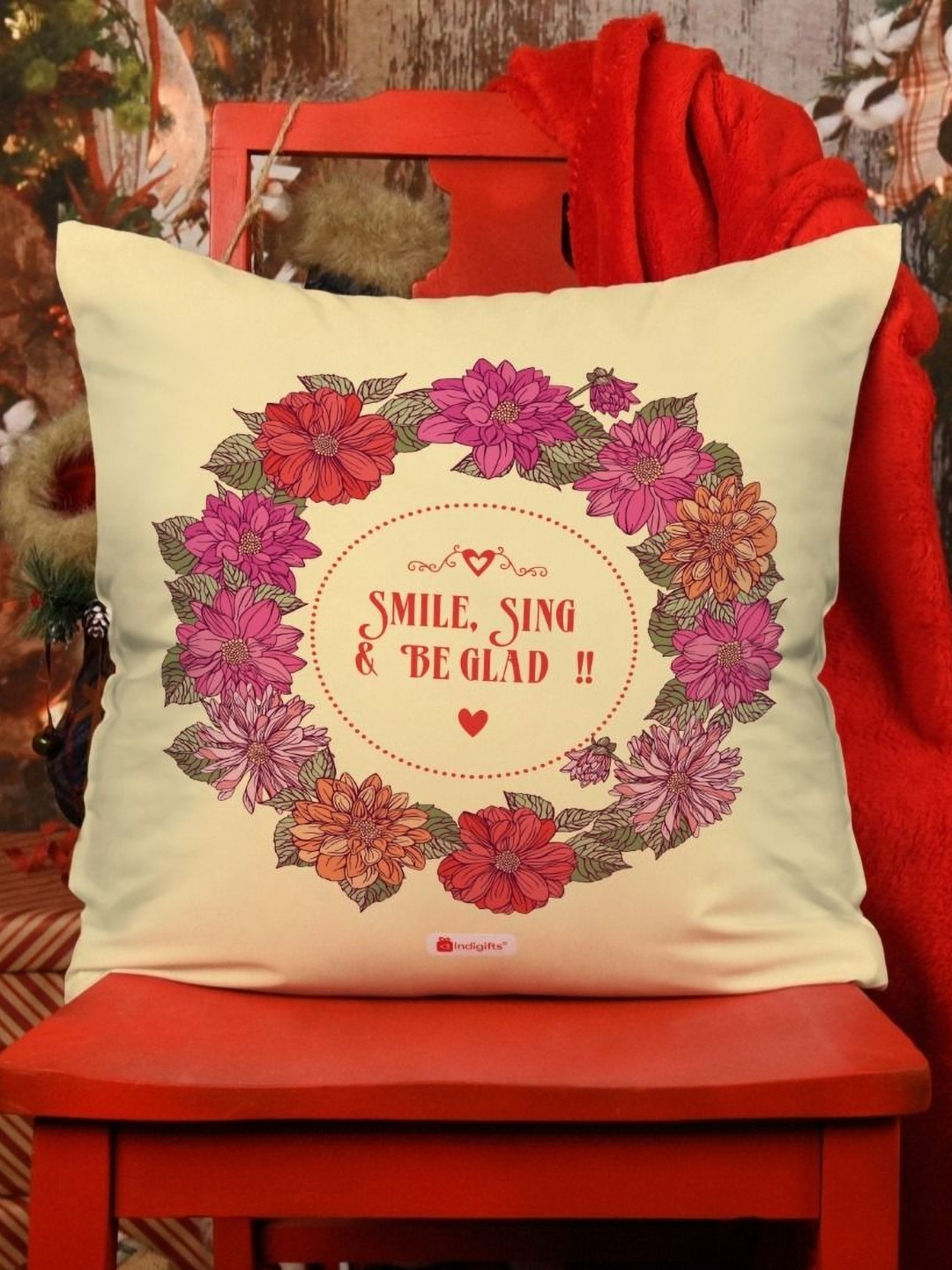Indigifts Cream and Pink Christmas Printed Square Shaped Pre-Filled Cushion